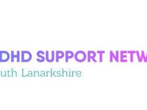 Wording saying ADHD Support Network South Lanarkshire in purple and green