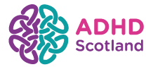ADHD Scotland logo with a stylised picture of the brain in purple and green